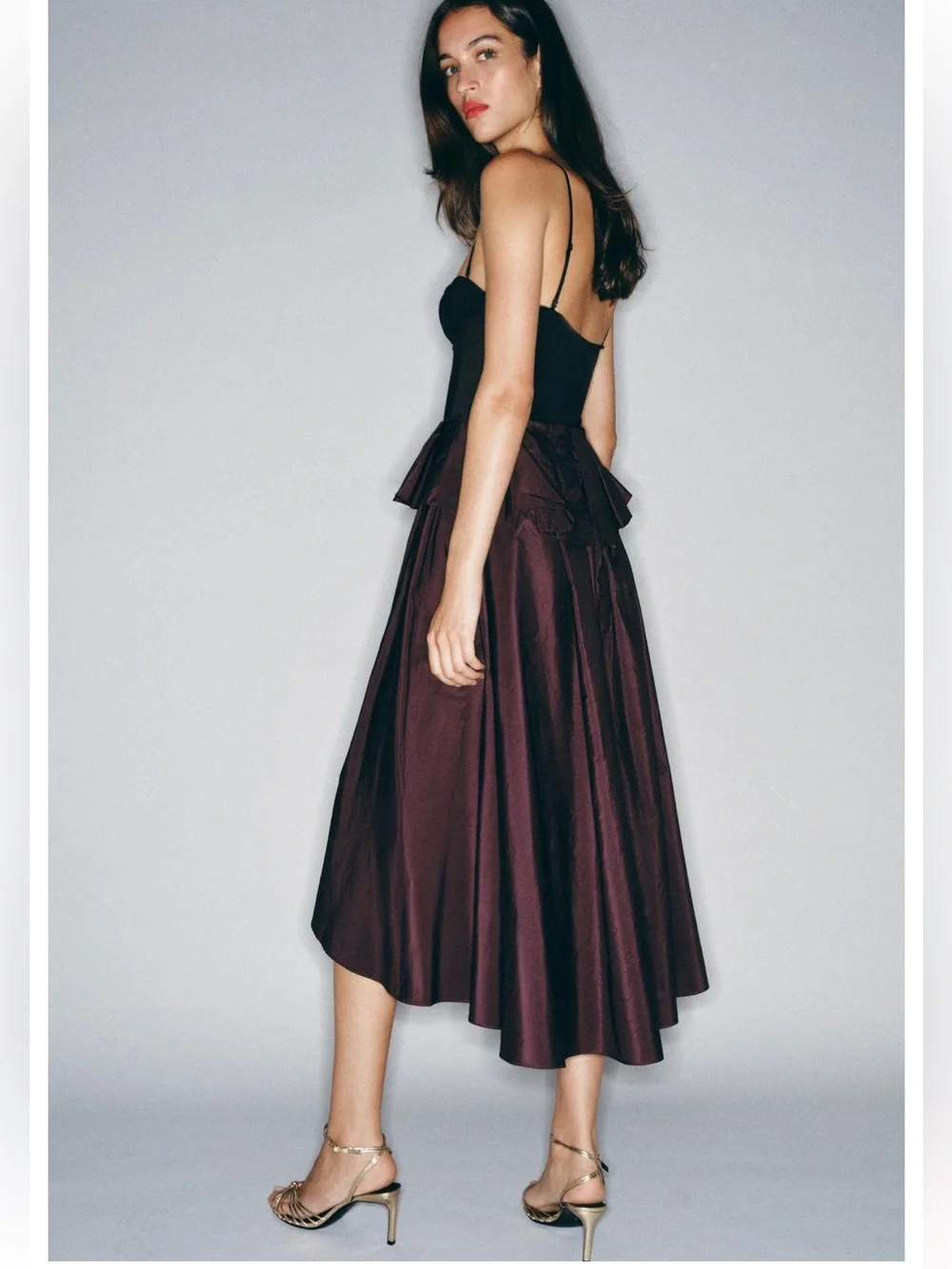 Zara Women's Burgundy Satin High-Low Ruffle Skirt ( skirt only)